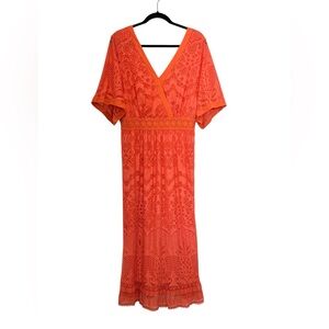 Farm Rio for Anthropologie NWT Devore Short Sleeve Coral Maxi Dress Size M